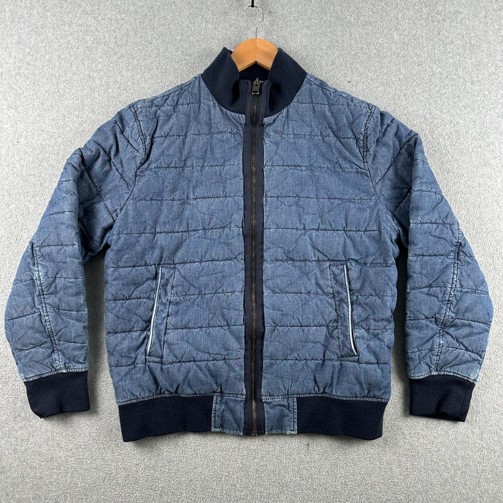 Express Jacket Mens M Blue Denim Puffer Bomber Quilted Full Zip‎ Pockets Coat